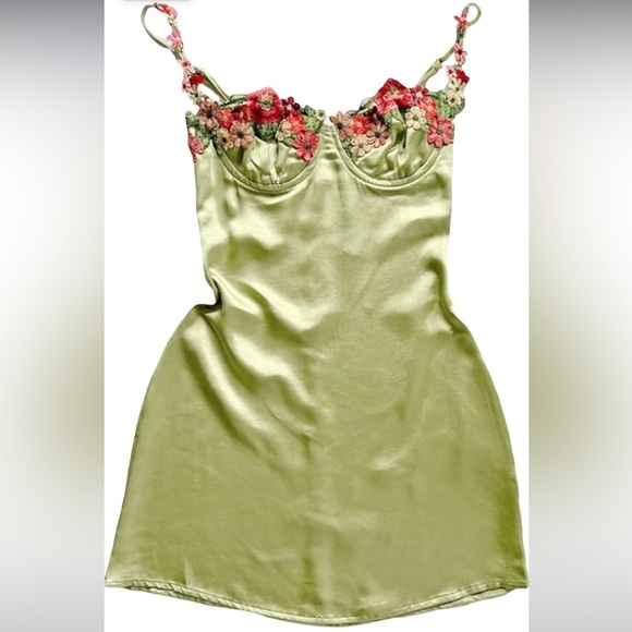 NEW Y2K Spaghetti Strap Floral Embroidered Bodycon Short Spring Dress Green L - Picture 2 of 5
